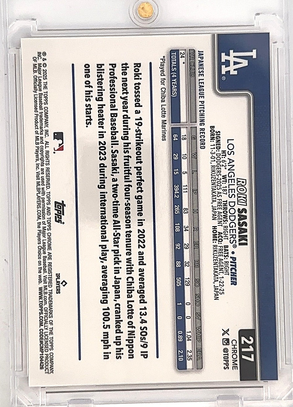 2025 Topps Chrome Roki Sasaki Orange /25 — back