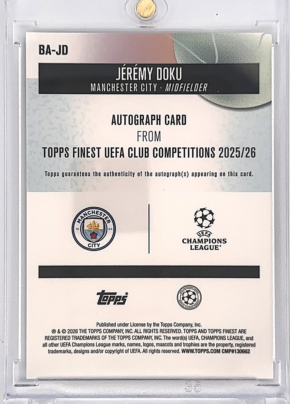 Jeremy Doku Topps Finest Gold Auto /50 — back