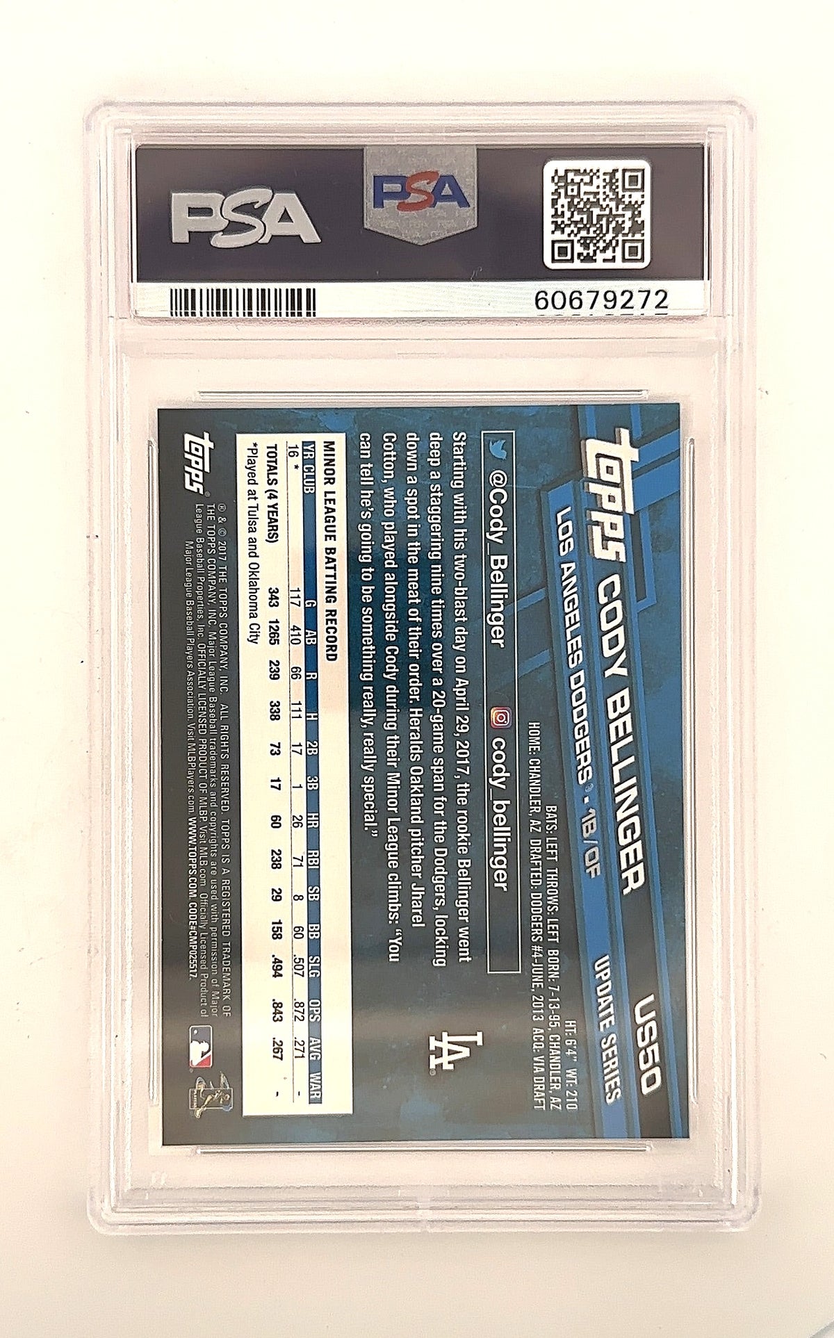 2017 Topps Update Cody Bellinger [Swinging] #US50 PSA 10 — back