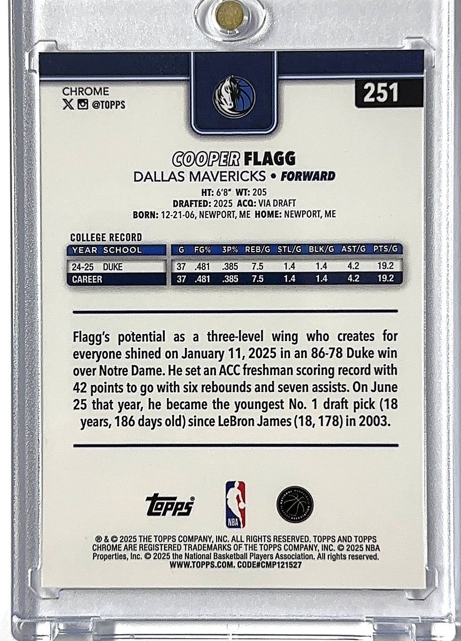 2025 Topps Chrome Cooper Flagg #251 RC — back