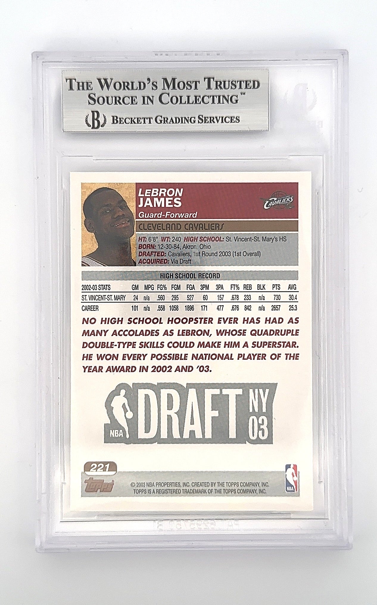 2003 Topps LeBron James #221 BGS 8.5 — back