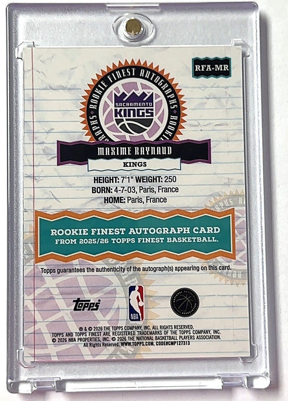2025 Topps Finest Electrifying Signature Maxime Raynaud #ESG-MR RC AUTO — back