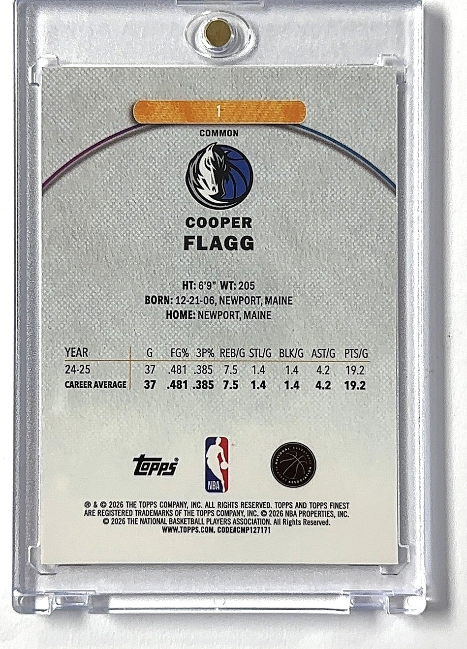2025 Topps Finest Cooper Flagg #1 RC — back