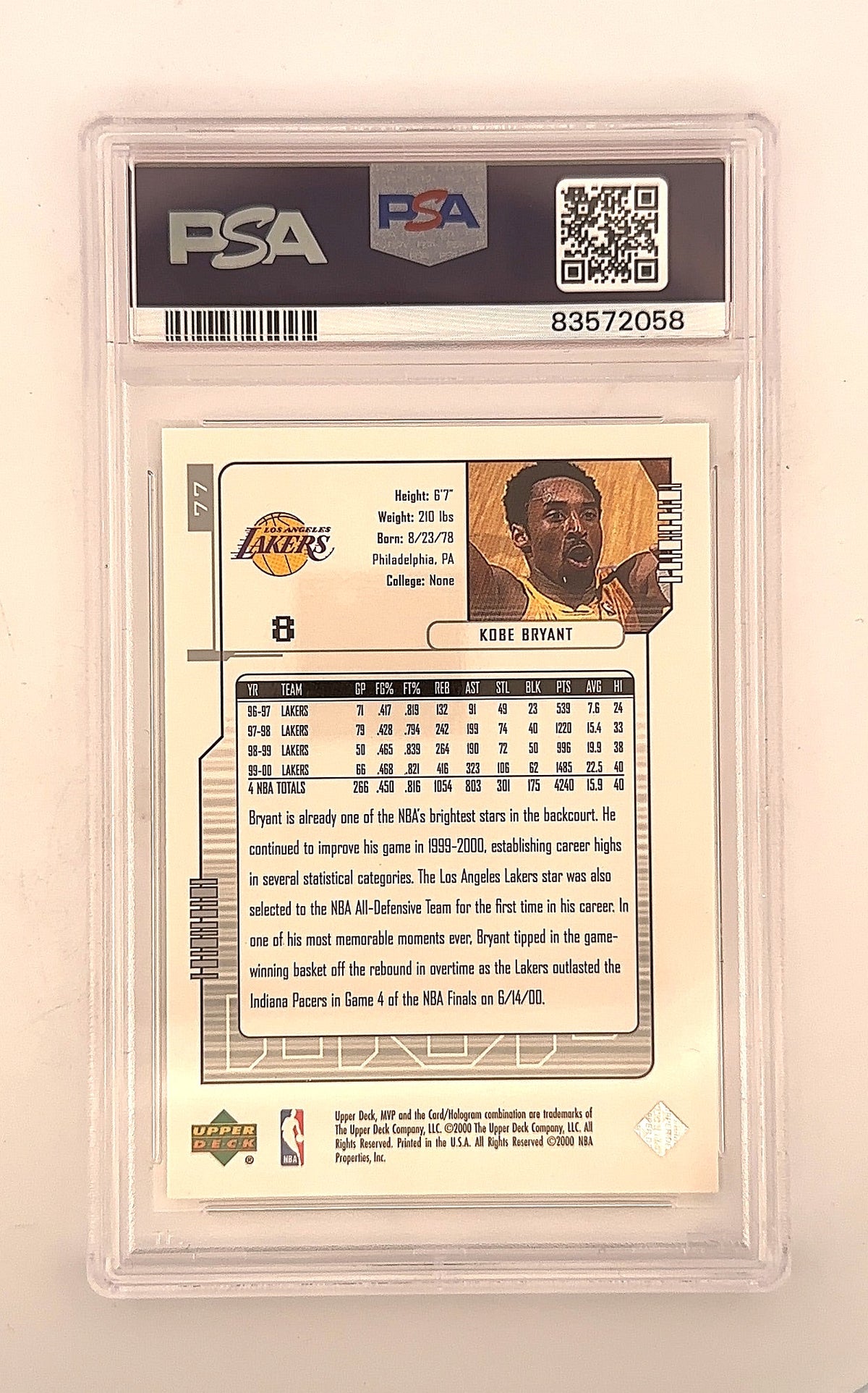 2000 Upper Deck MVP Kobe Bryant [Silver Script] #77 PSA 8 — back