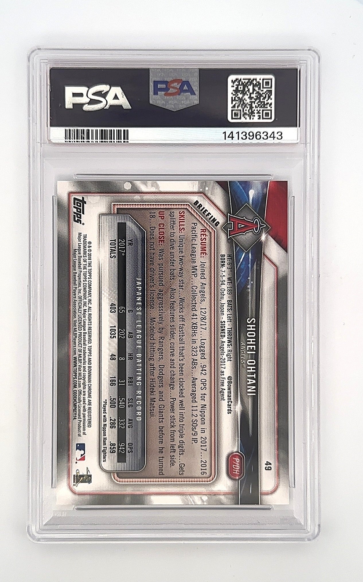 2018 Bowman Shohei Ohtani #49 PSA 9 — back