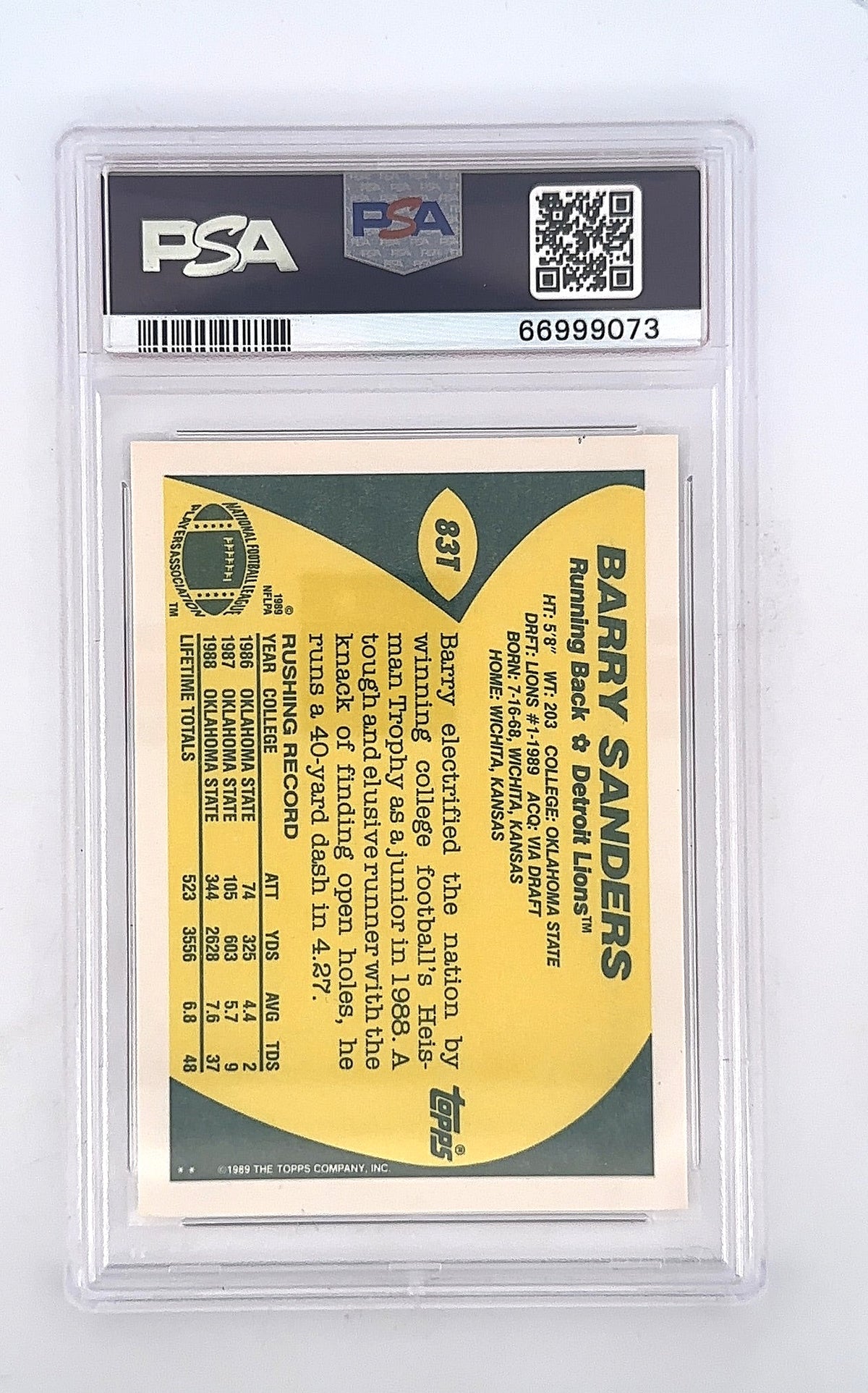 Barry Sanders 1989 Topps Traded PSA NM-MT 8 — back