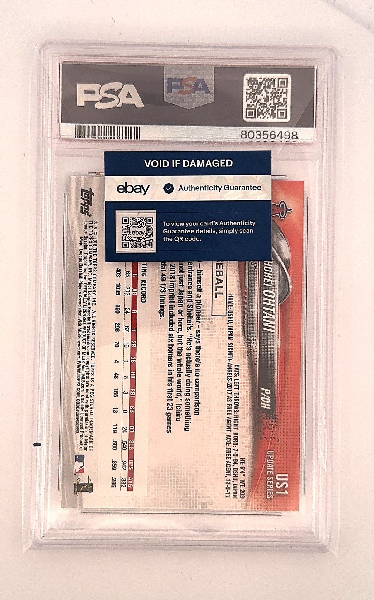 2018 Topps Update Shohei Ohtani [Pitching Red Jersey] #US1 PSA 10 — back