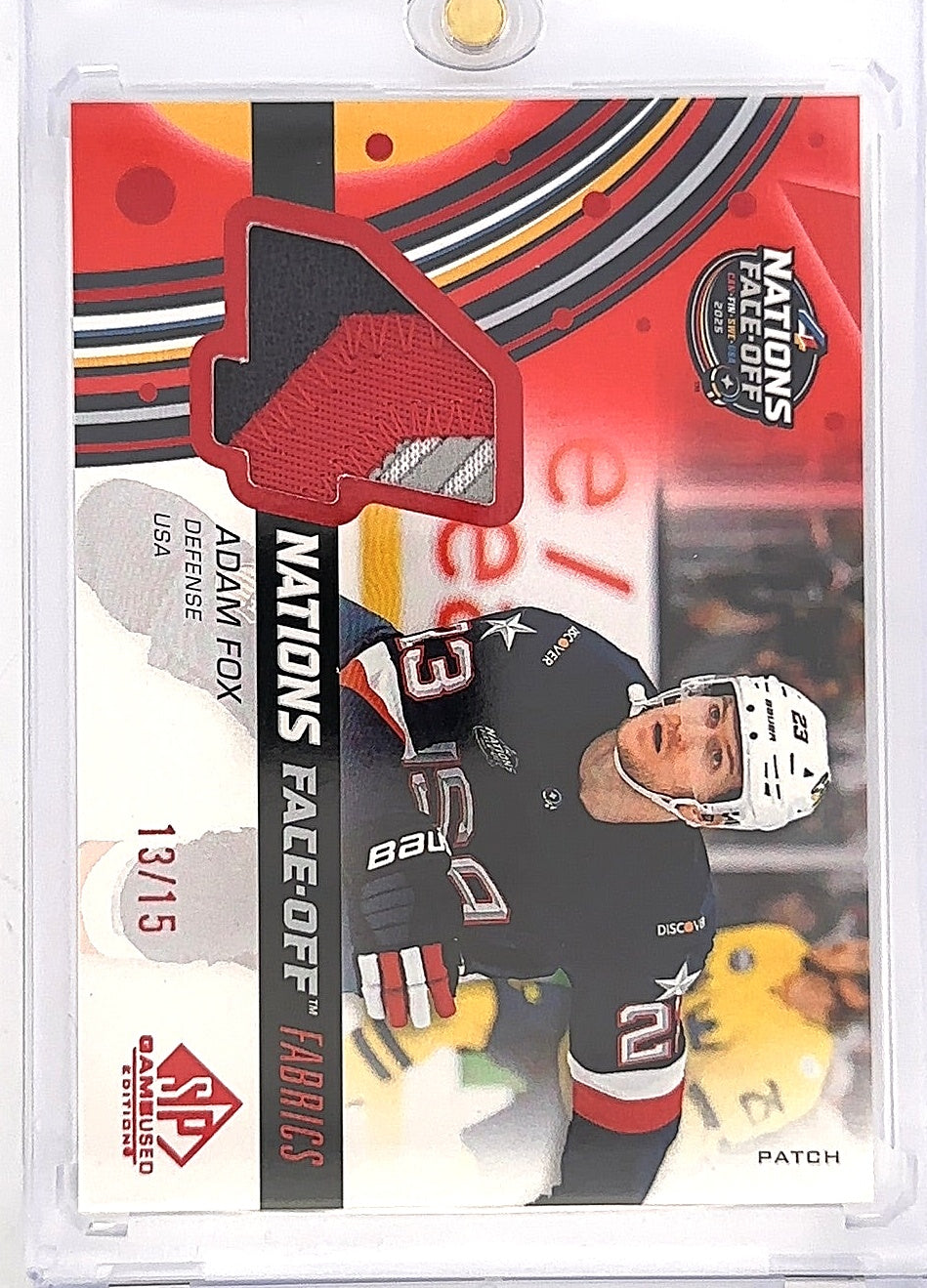 2025-26 SP Game Used Hockey Adam Fox 4 Nations Face-Card Fabrics /15 4N-AF — front