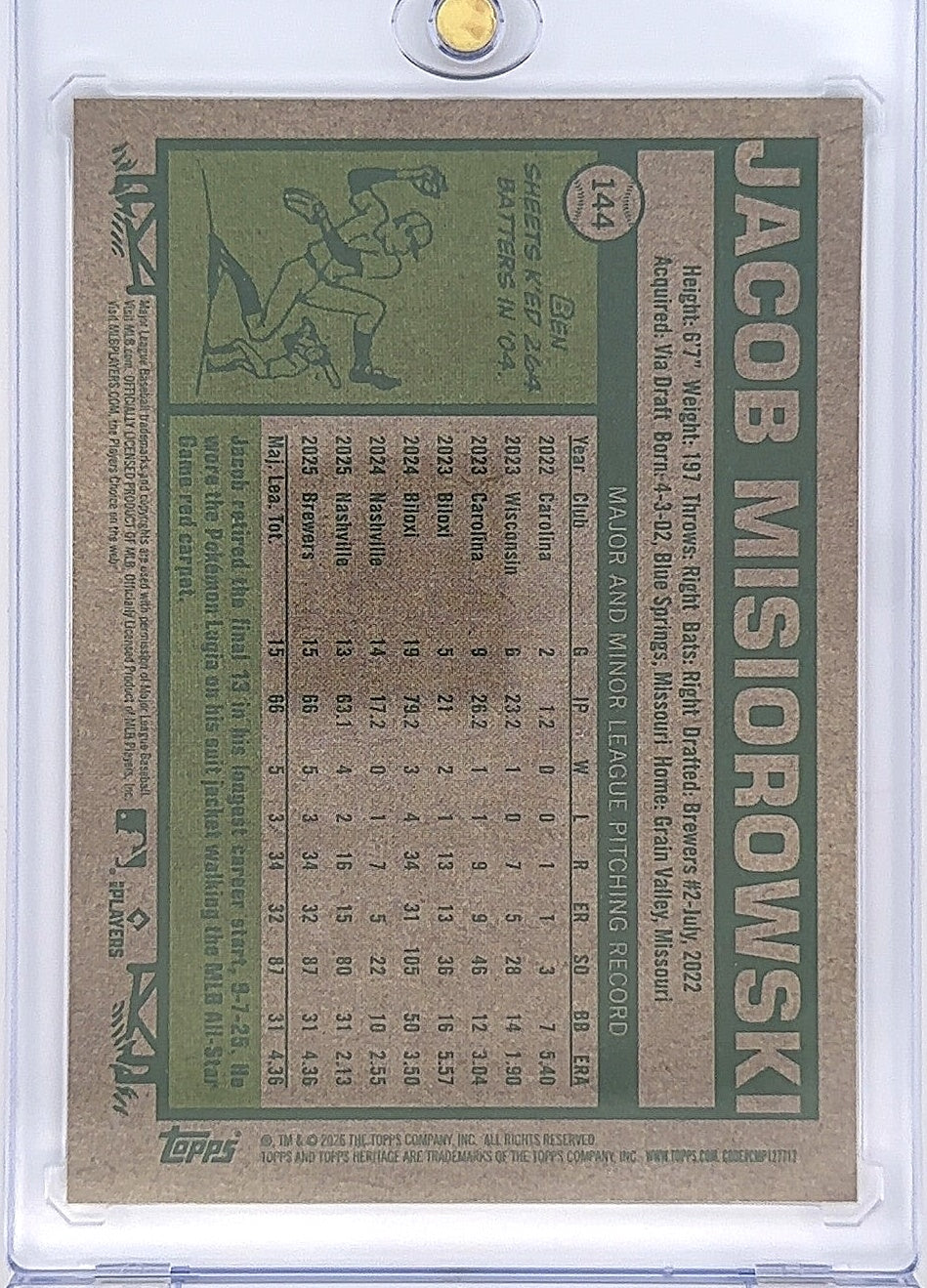2026 Topps Heritage Jacob Misiorowski [Dark Green Bordered] #144 — back