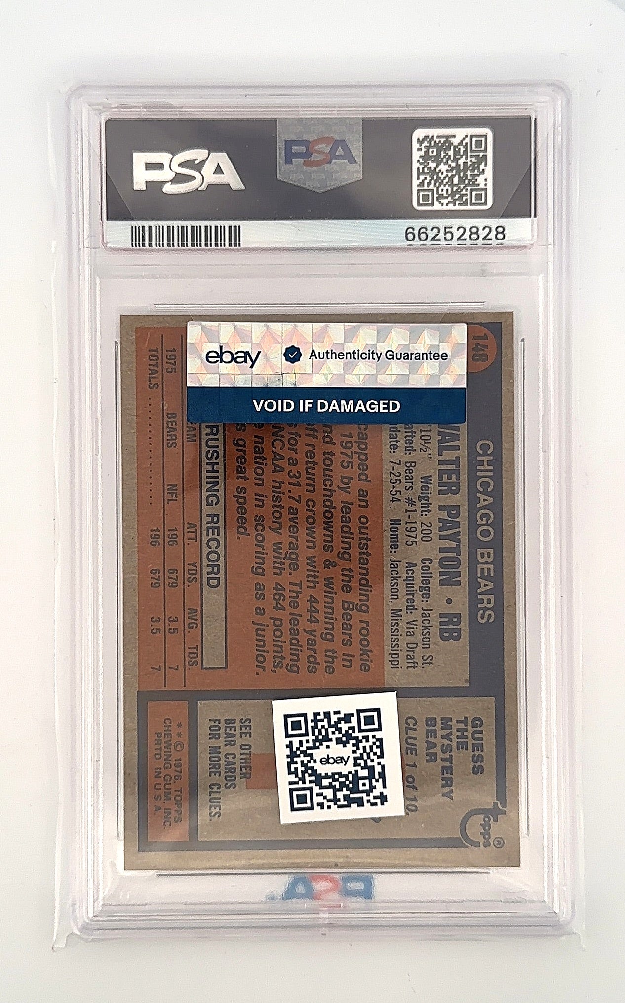 1976 Topps Walter Payton #148 PSA 7 — back