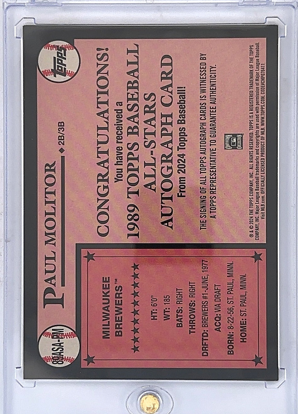 Paul Molitor Topps Certified Autograph 46/50 — back