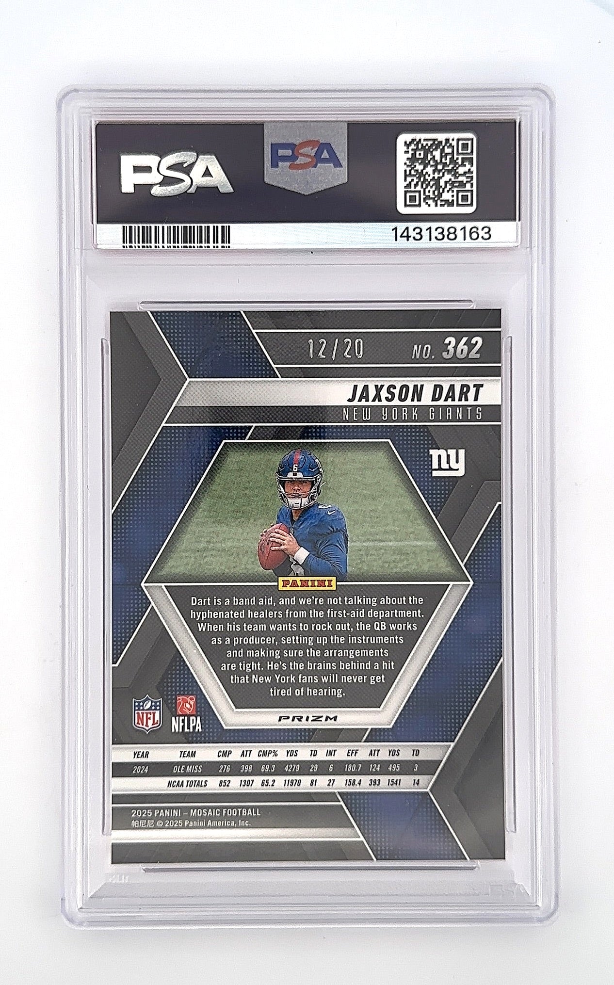 2025 Panini Mosaic Jaxson Dart [No Huddle Pink] #362 PSA 10 — back
