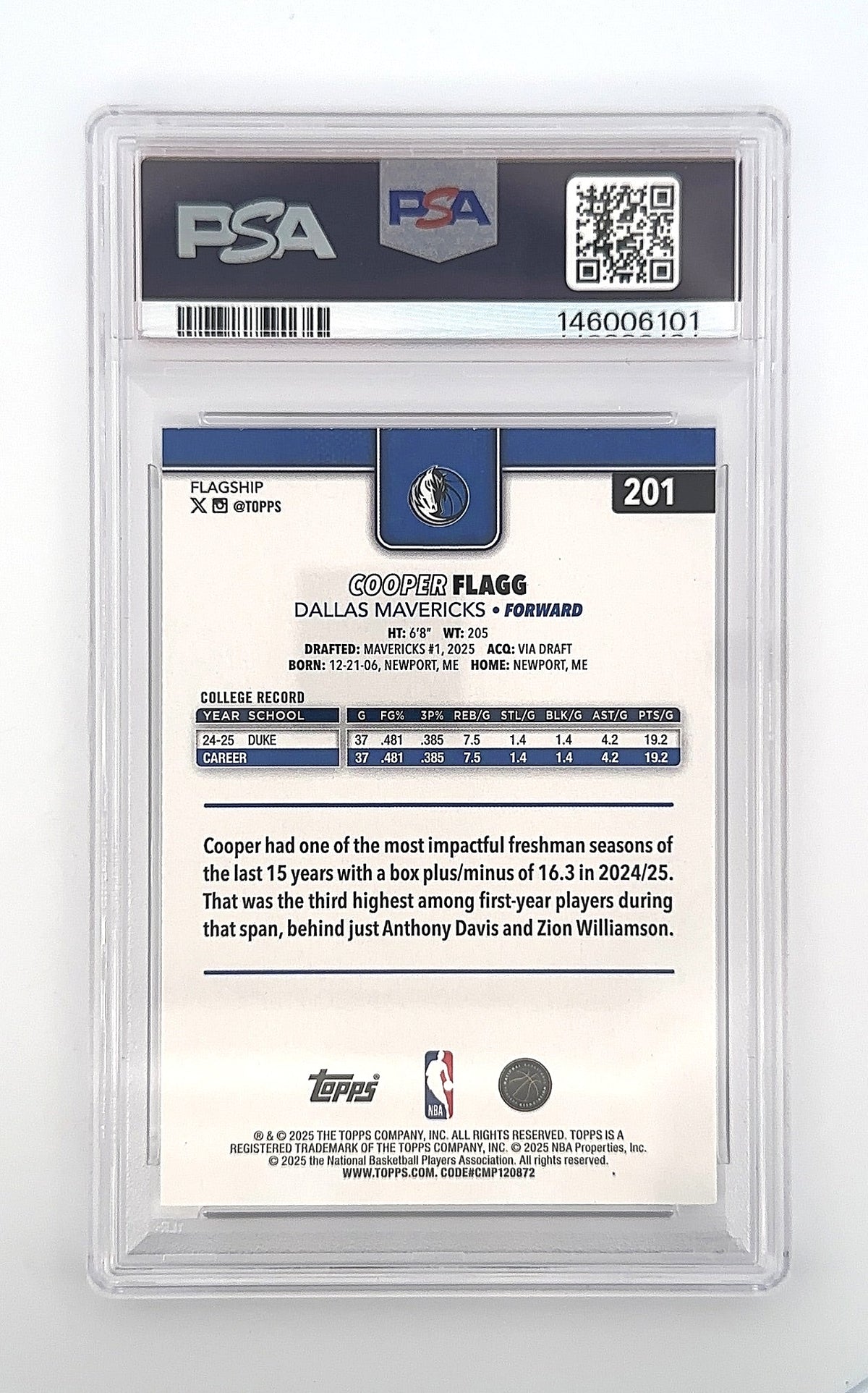 2025 Topps Cooper Flagg #201 PSA 10 — back