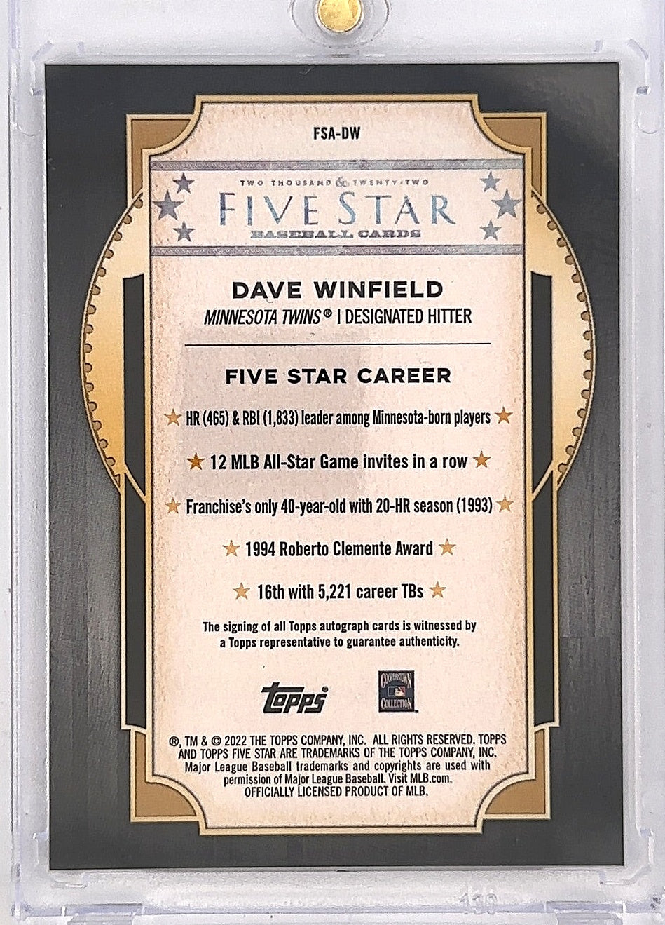 2022 Dave Winfield Topps Five Star Auto #FSA-DW — back