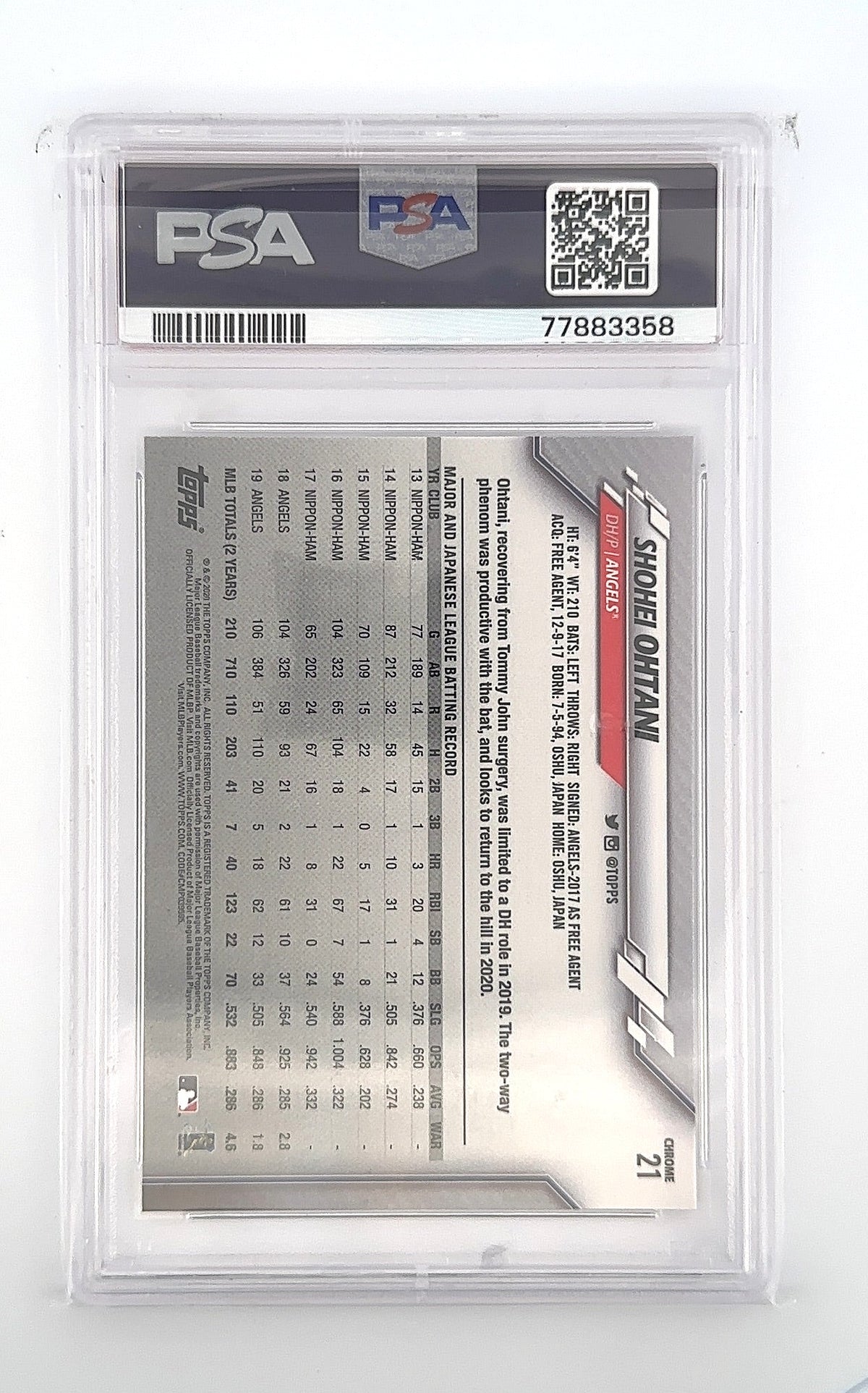 2020 Topps Chrome Shohei Ohtani #21 PSA MINT 9 — back