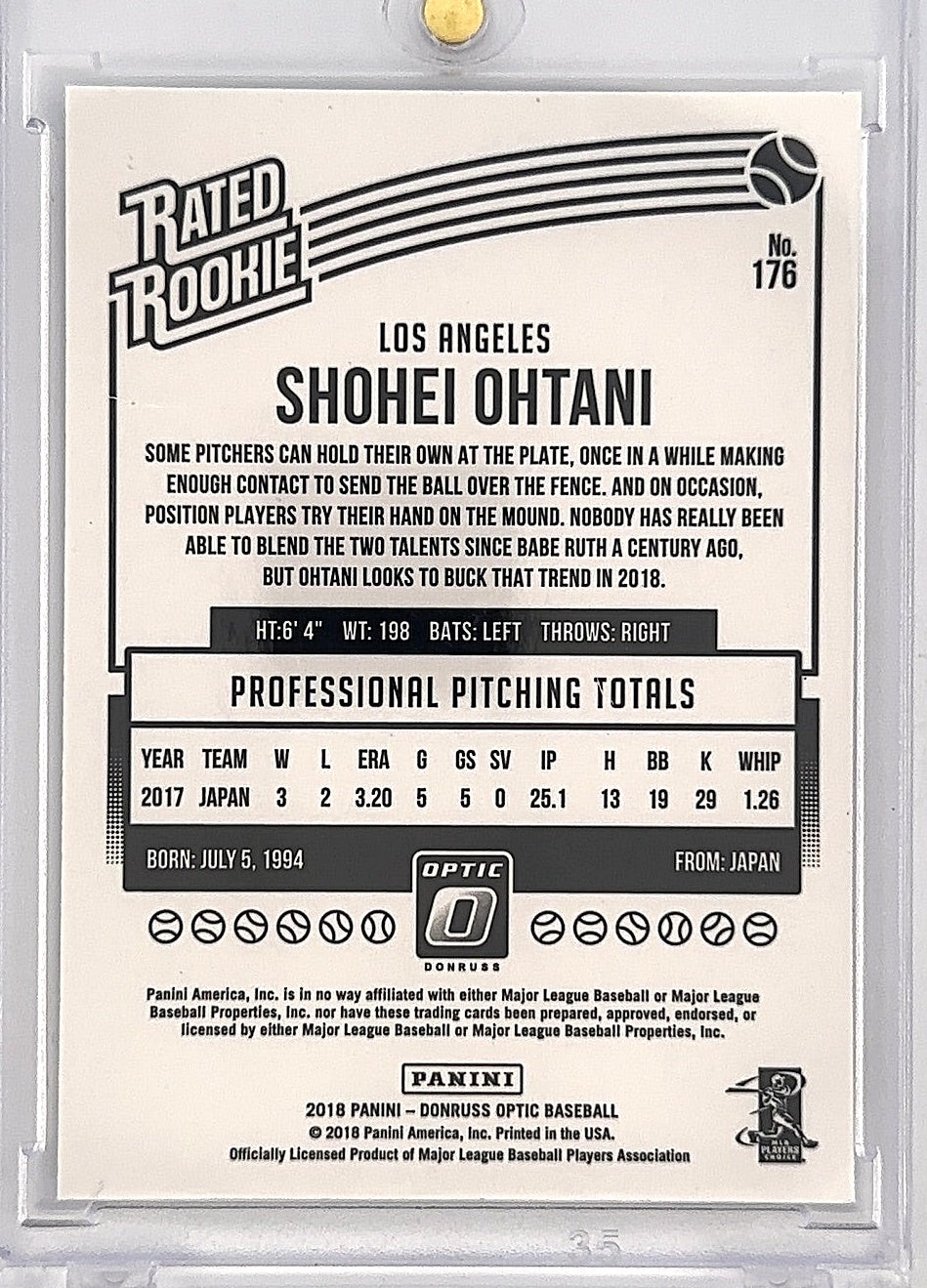 2018 Panini Donruss Optic Shohei Ohtani #176 — back