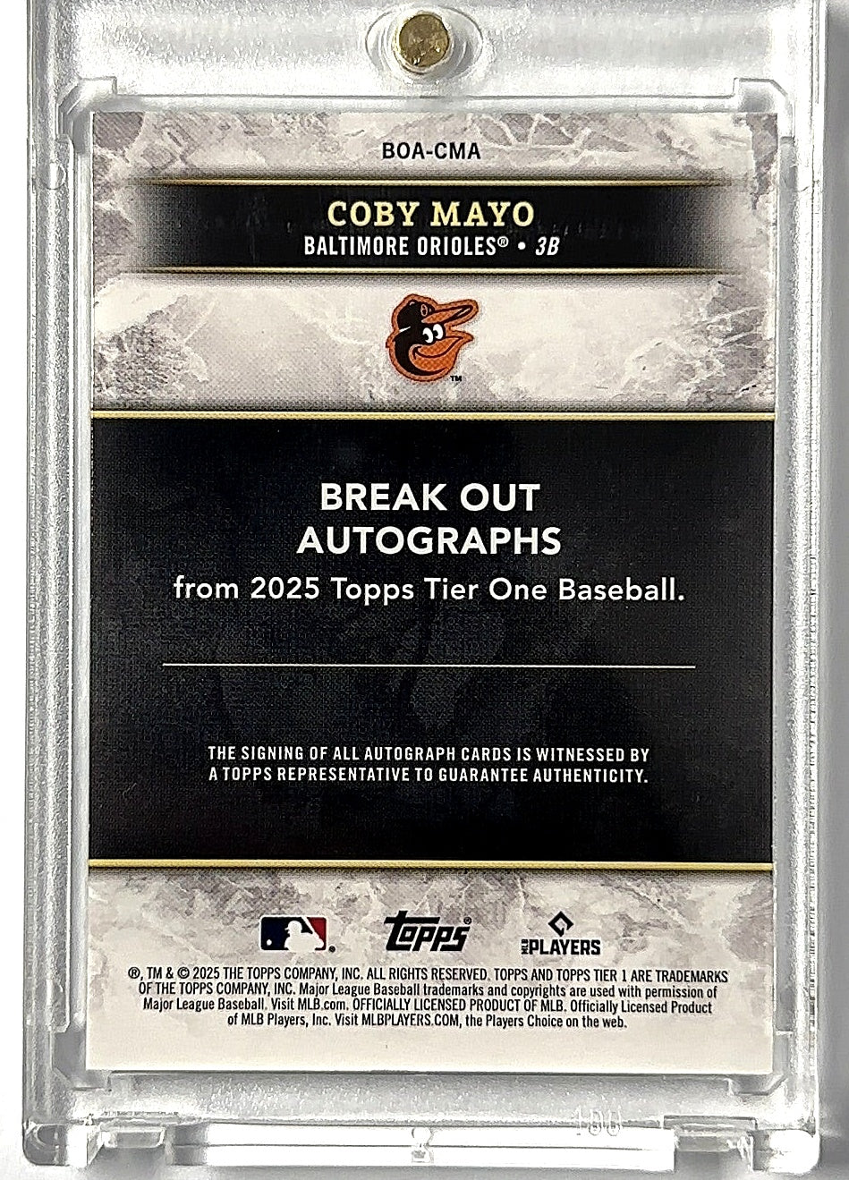 2025 Coby Mayo Topps Tier One Break Out Auto /49 — back