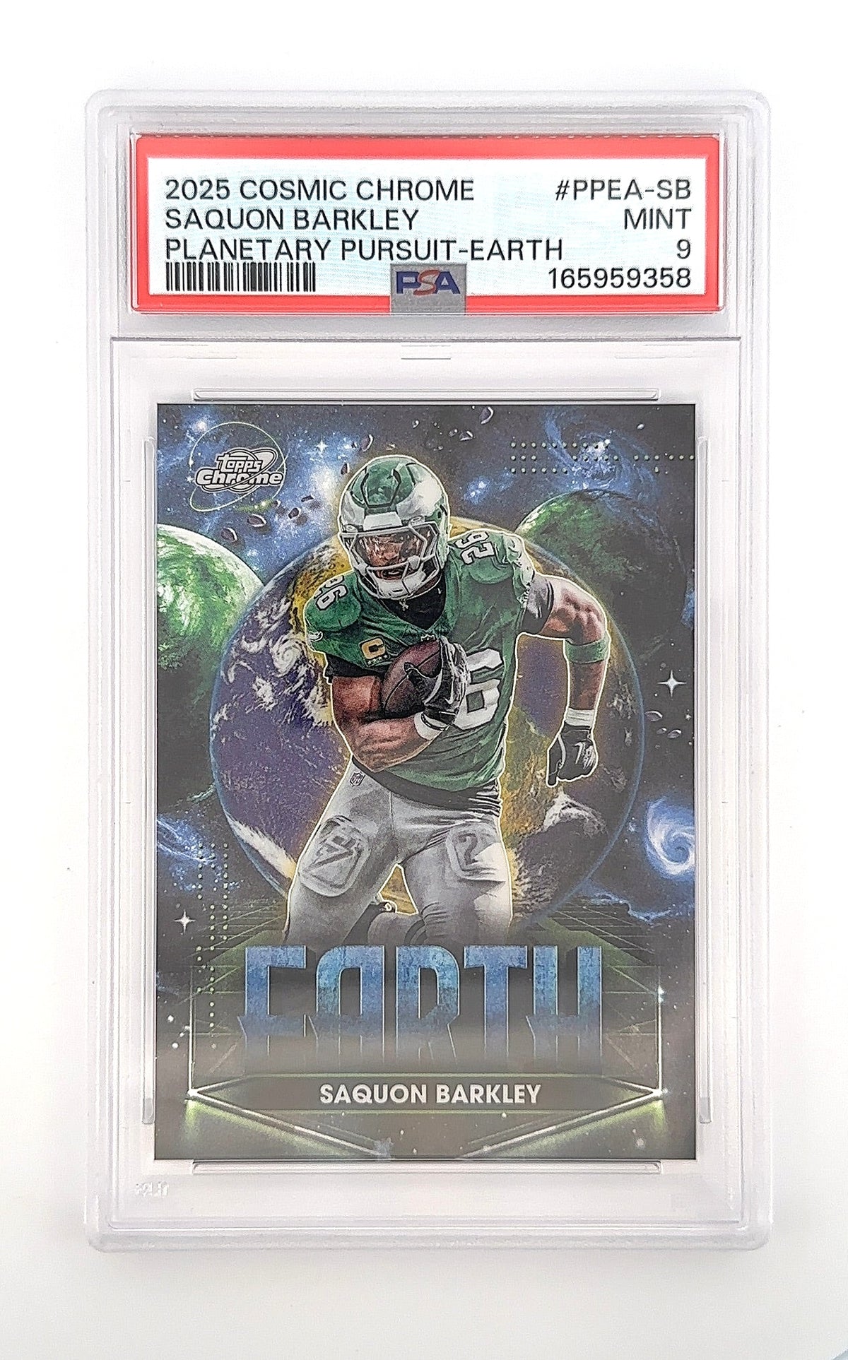 Saquon Barkley Planetary Pursuit Earth 2025 Cosmic Chrome PSA MINT 9 — front
