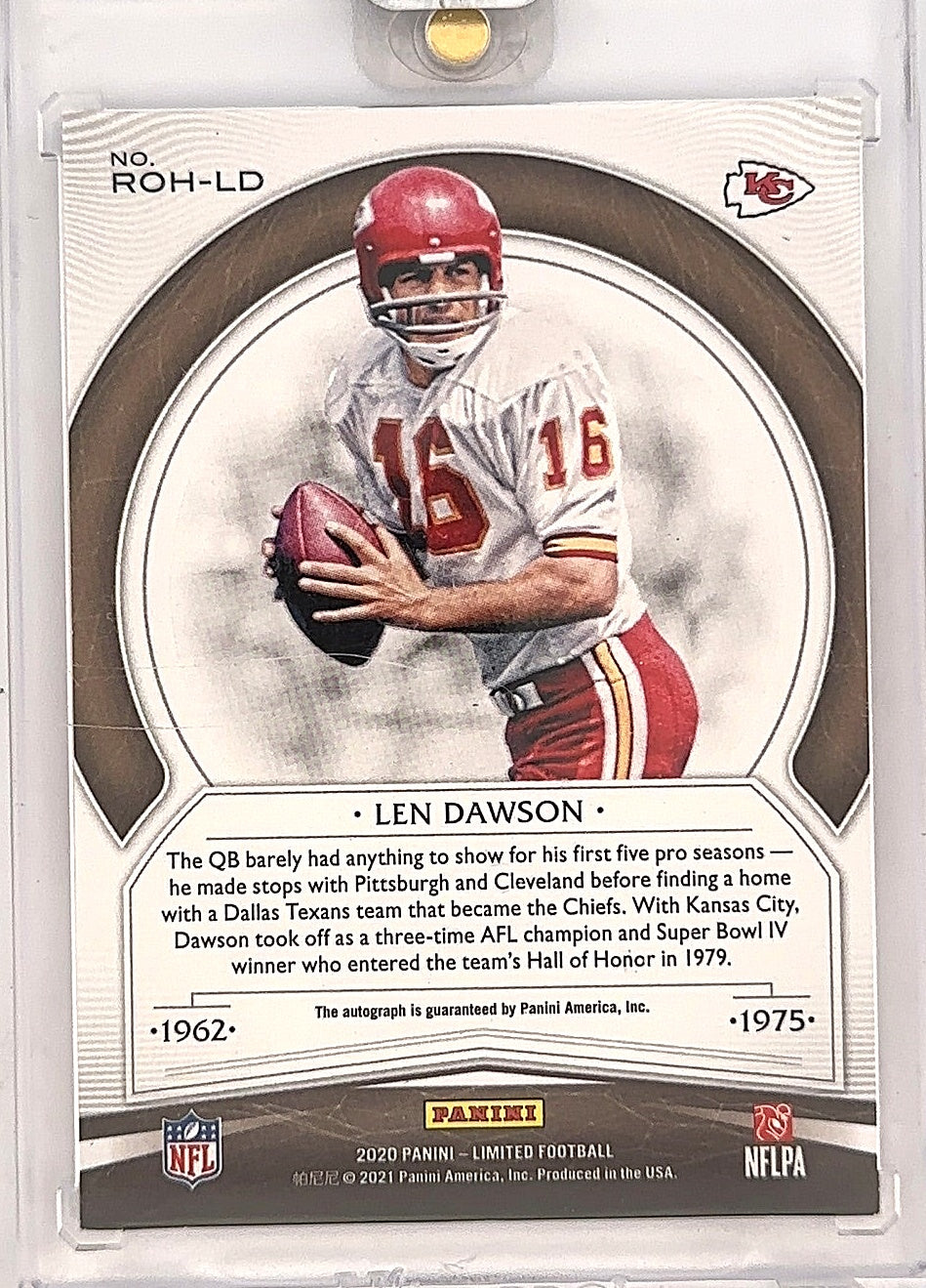 2020 Panini Limited Ring of Honor Autographs Len Dawson /15 #ROH-LD — back