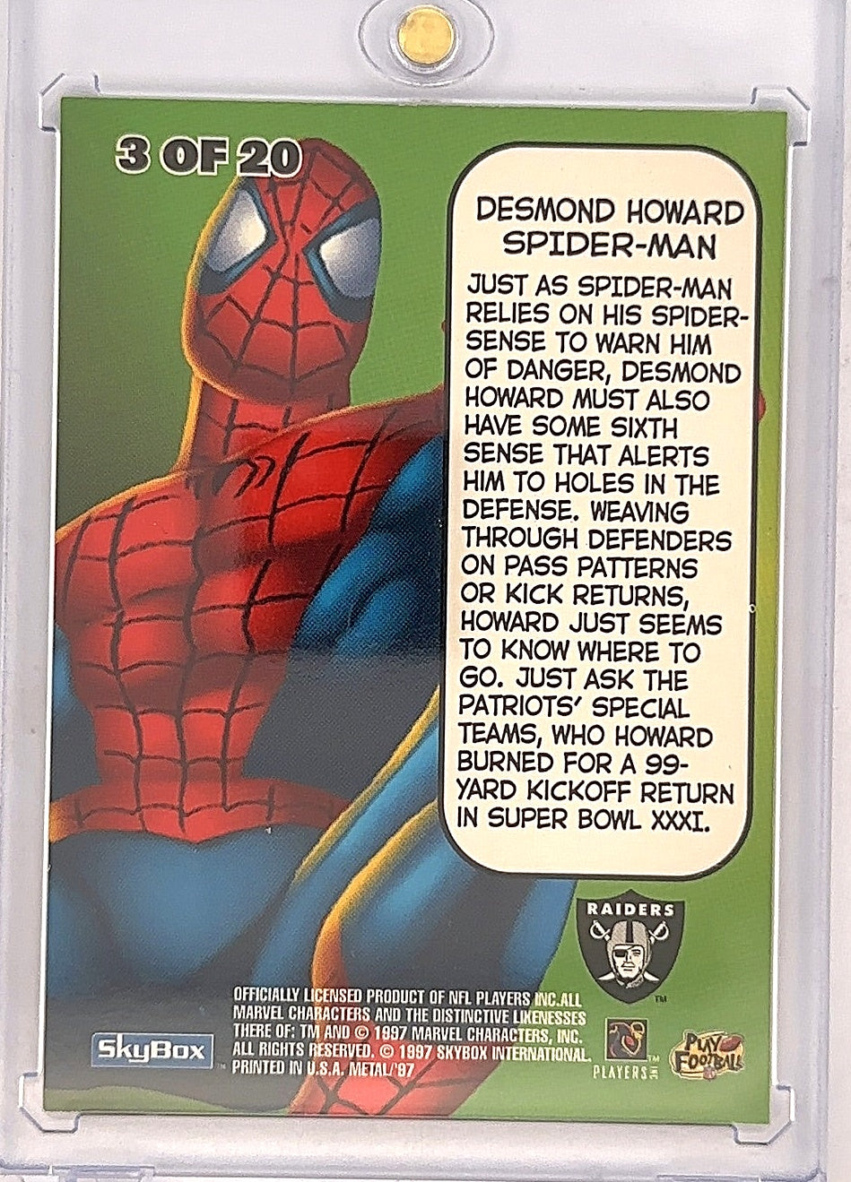 Desmond Howard Spider-Man 1997 Metal Universe 3/20 — back