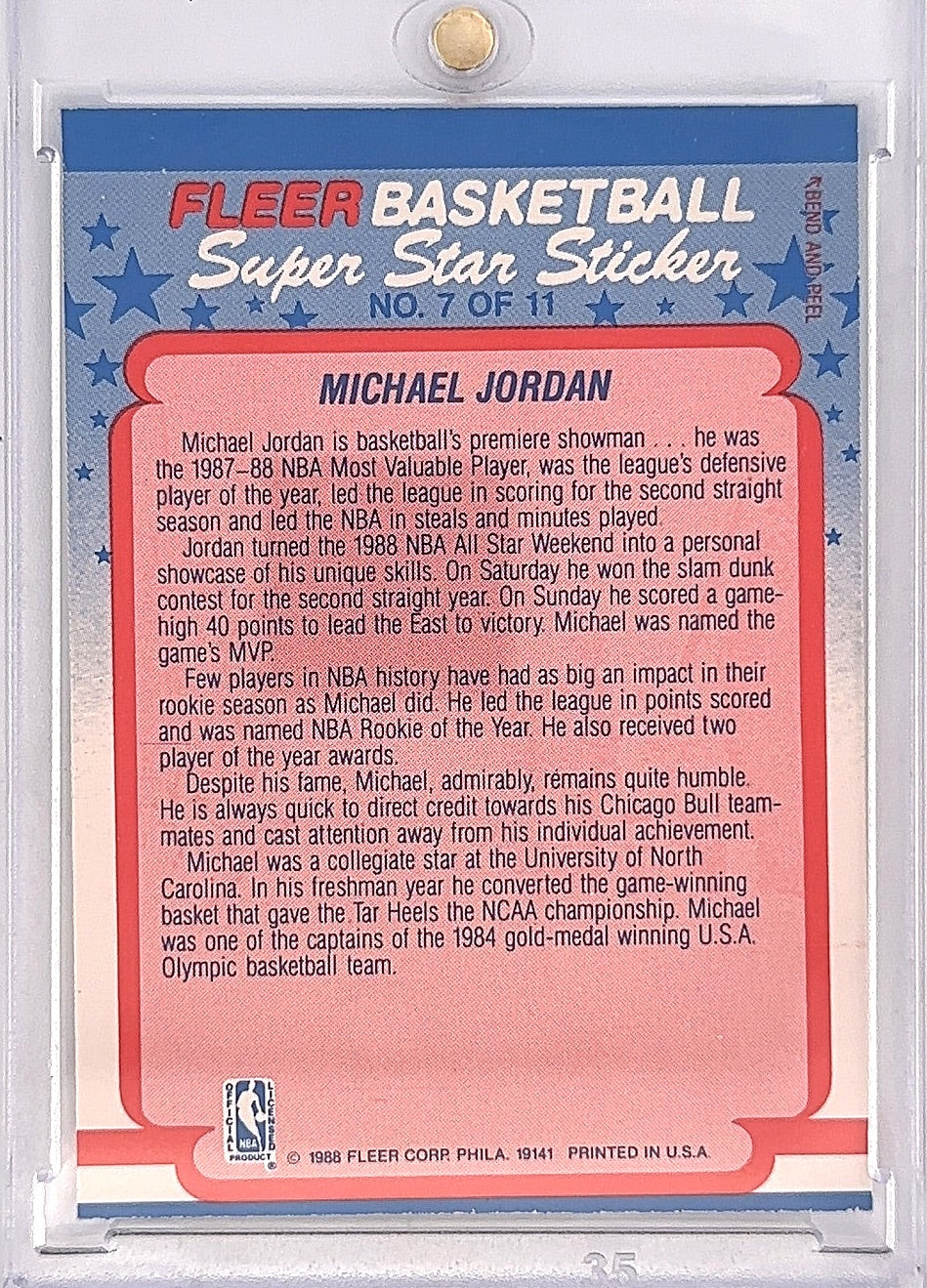 1988 Fleer Sticker Michael Jordan #7 — back