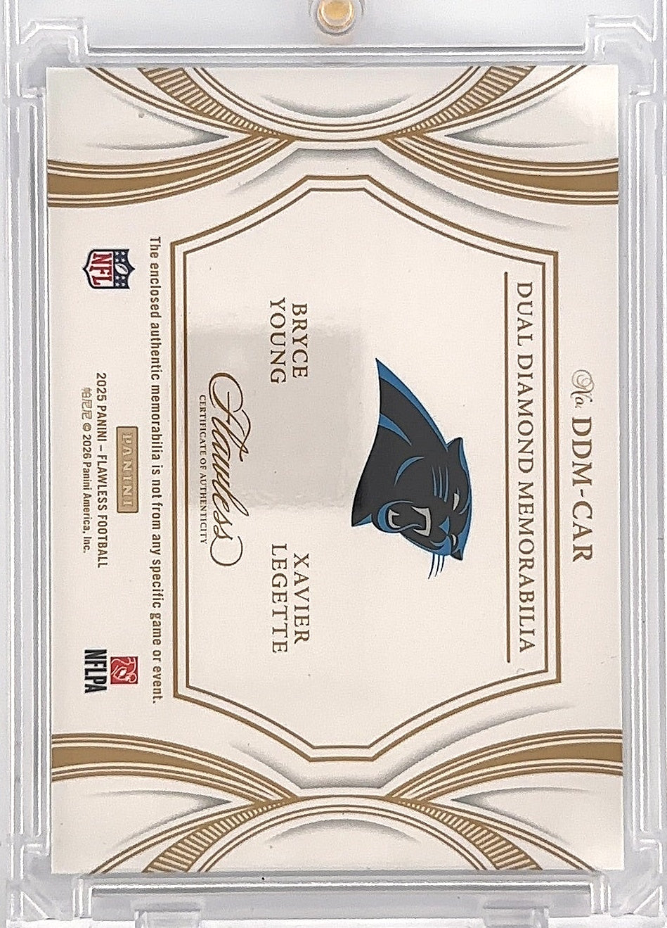 2025 Panini Flawless Dual Diamond Memorabilia Bryce Young/Xavier Legette /10 [Sapphire] #DDM-CAR — back