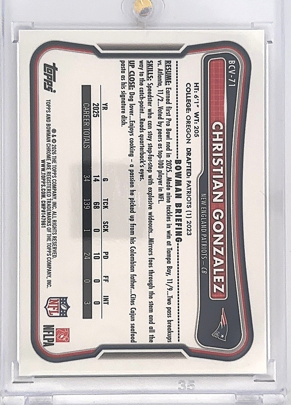 2026 Bowman Chrome NFL Christian Gonzalez [Purple Refractor] #BCV-71 — back