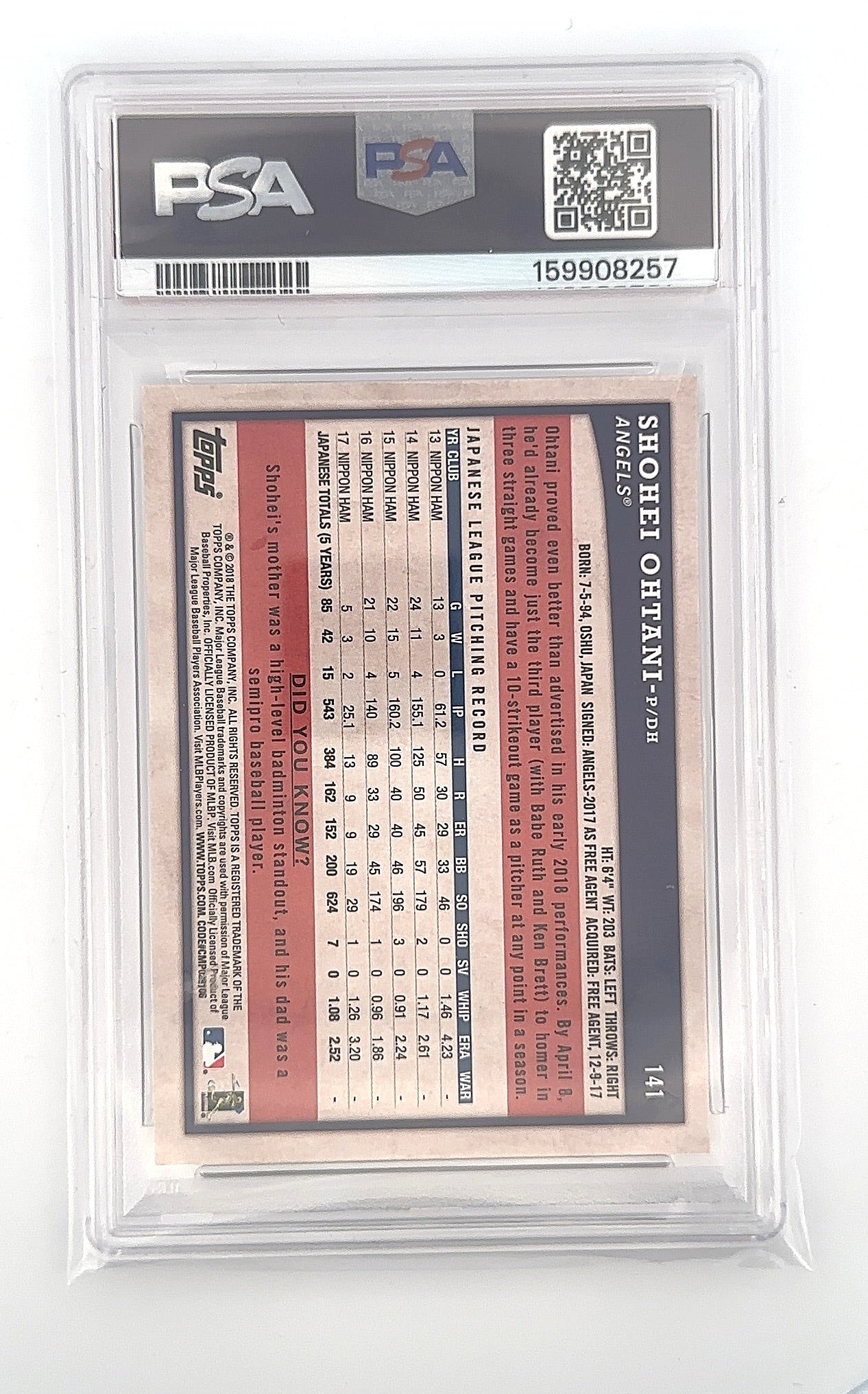 Shohei Ohtani 2018 Topps Big League PSA GEM MT 10 — back