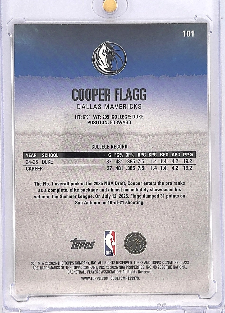 2025 Topps Signature Class Cooper Flagg [Yellow] #101 — back