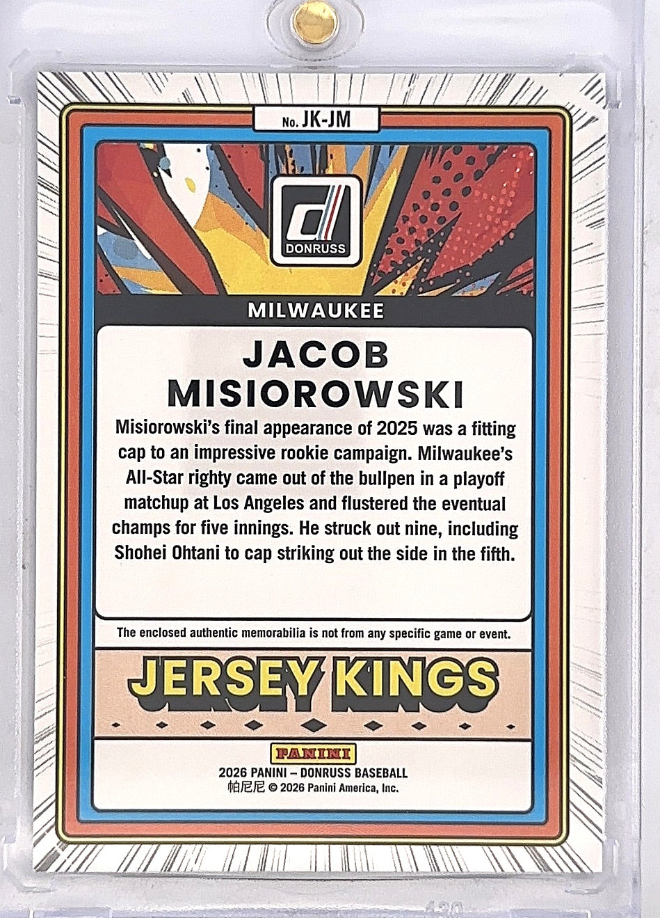 2026 Panini Donruss Jersey Kings Jacob Misiorowski [Blue Ice] #JK-JM — back