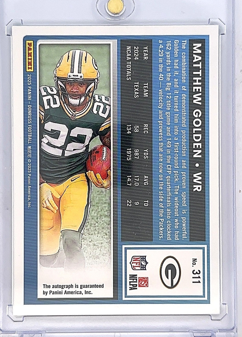 2025 Panini Donruss Matthew Golden [Green Autograph] #311 — back