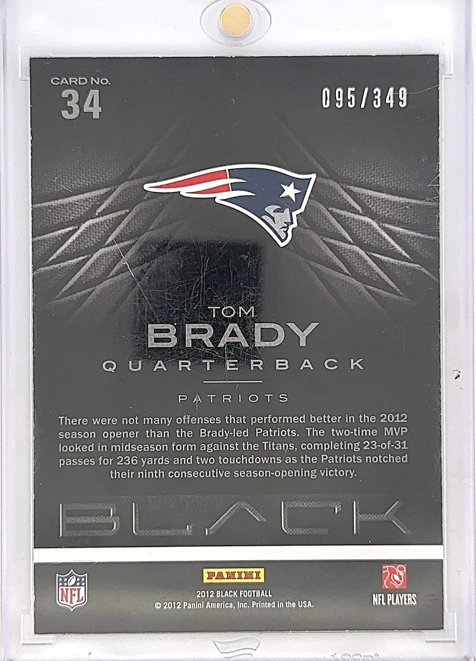 2012 Panini Black Tom Brady [Black] #34 095/349 — back
