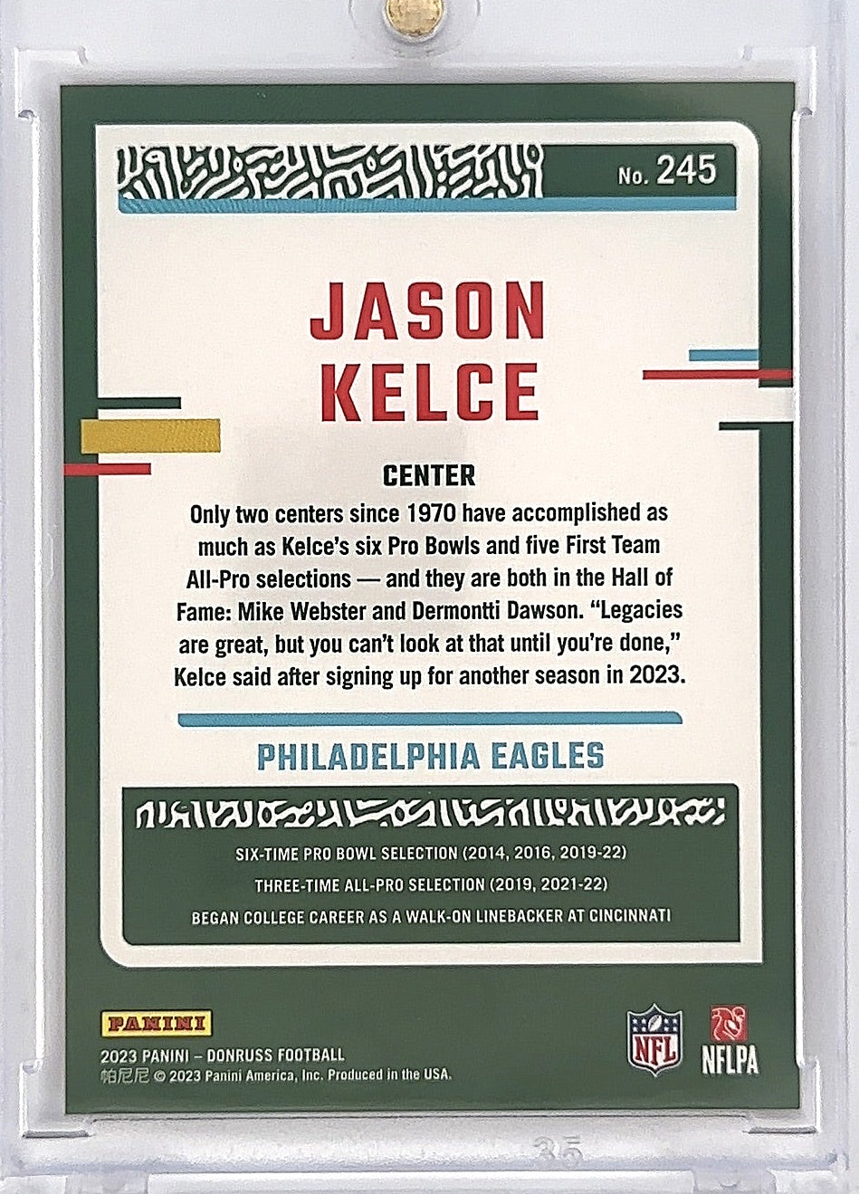 2023 Panini Donruss Jason Kelce /62 [Jersey Number] #245 — back