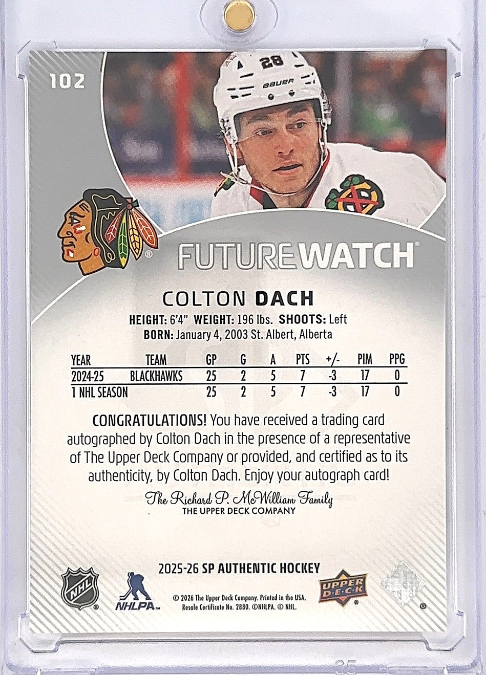 2025-26 SP Authentic Hockey Colton Dach Auto Future Watch /999 — back