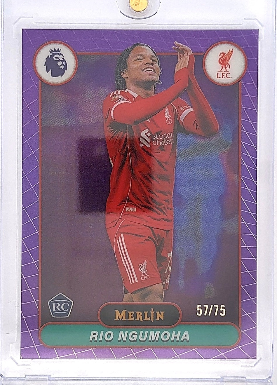 2026 Topps Merlin Premier League Rio Ngumoha rookie [Purple refractor] #111 57/75 — front