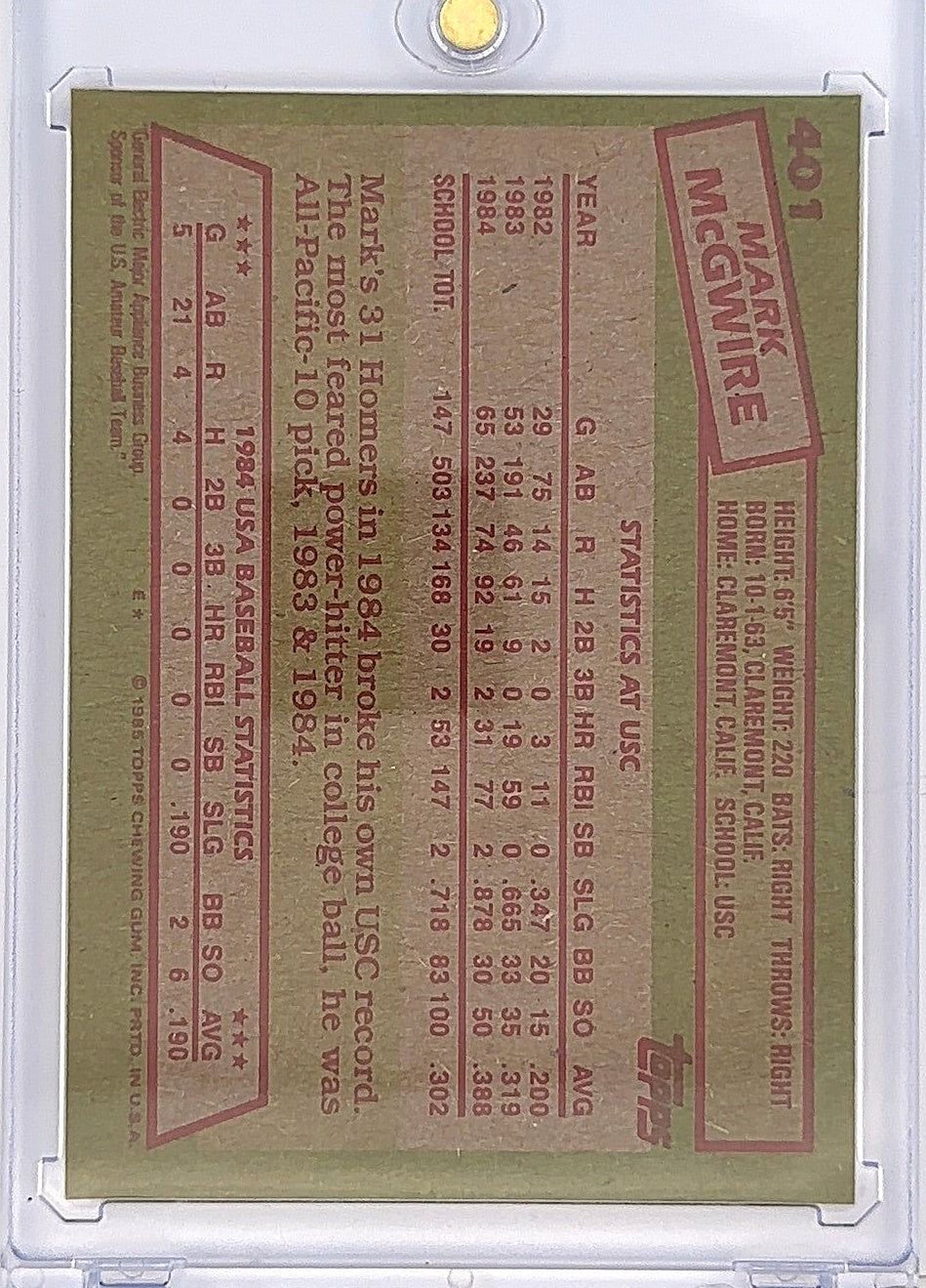 Mark McGwire 1984 US #401 — back
