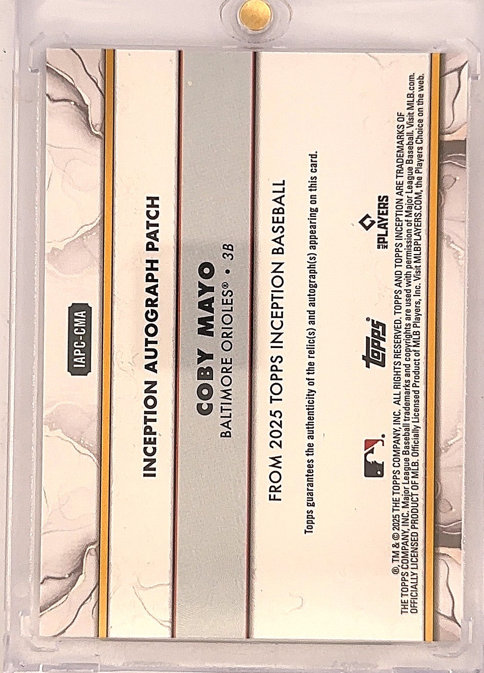 Coby Mayo Inception Rookie Patch Auto /99 2025 — back