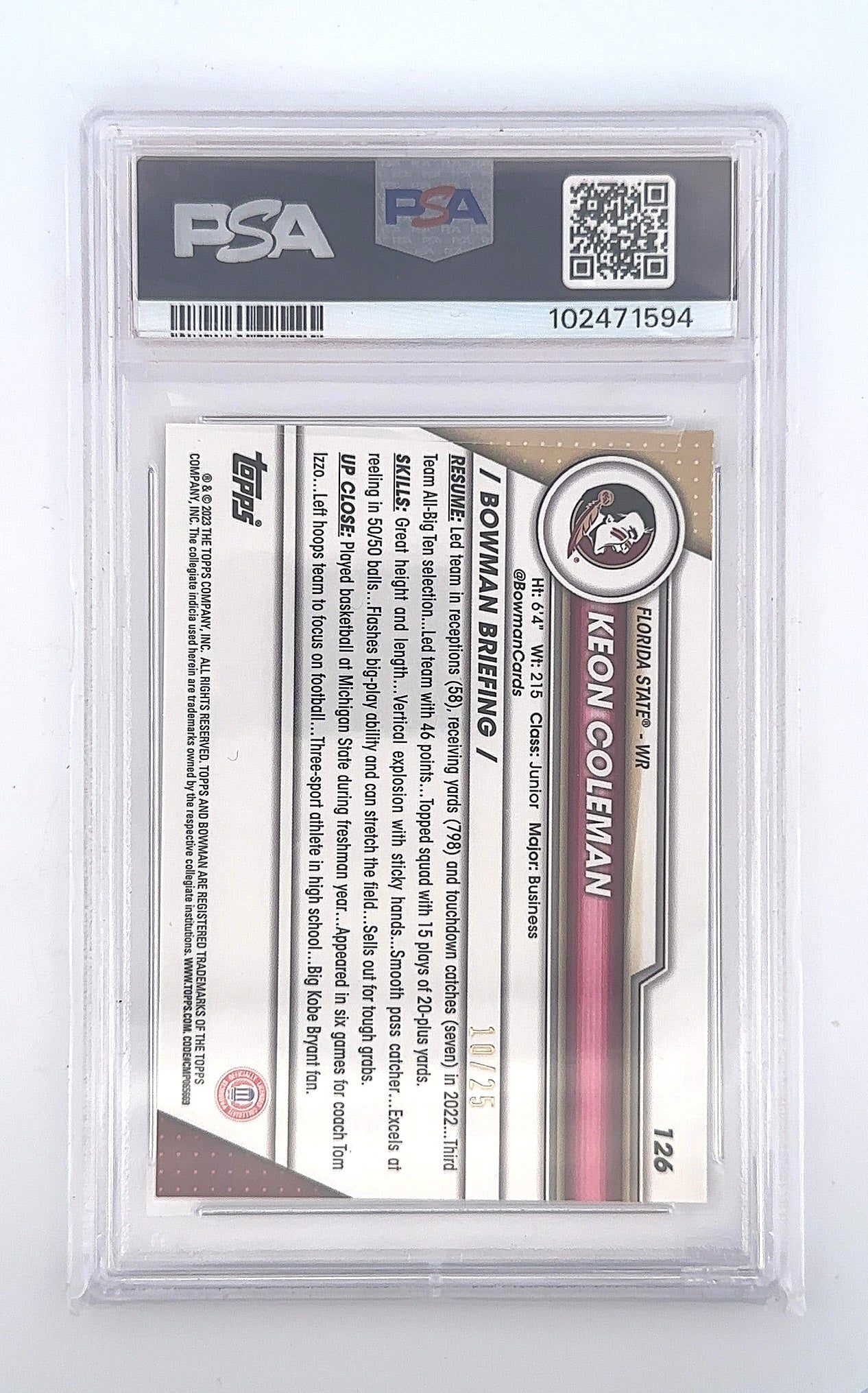 Keon Coleman 2023 Bowman U Chrome #126 10/25 PSA MINT 9 — back