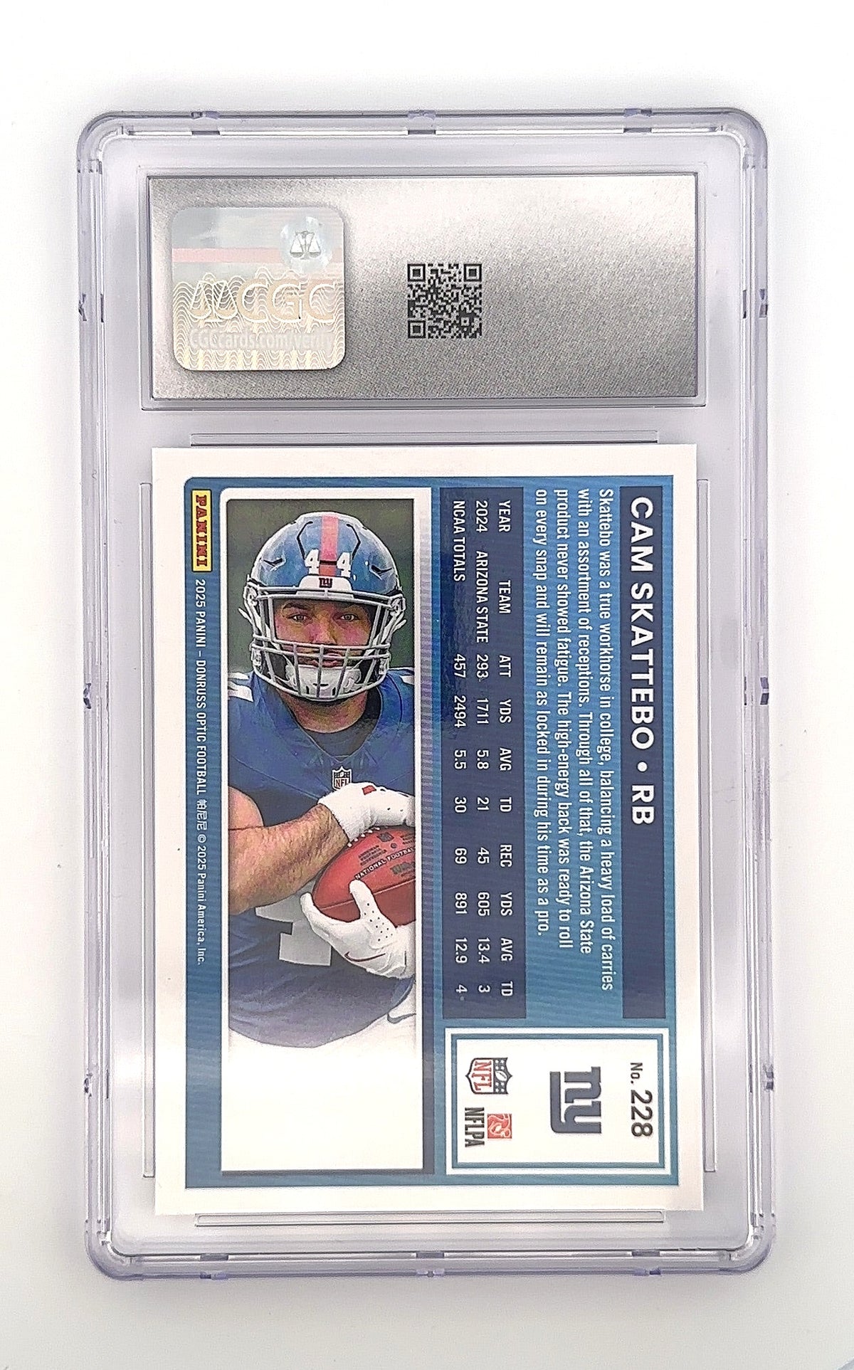 2025 Panini Donruss Optic Cam Skattebo [Blue Glitter] #228 CGC 10 — back