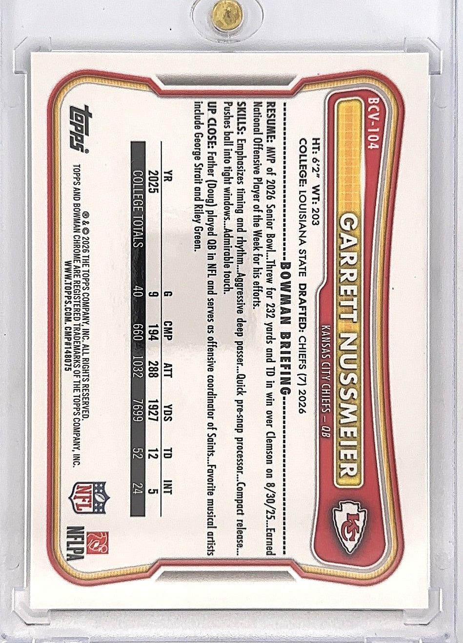 2026 Bowman Chrome NFL Garrett Nussmeier [Black X-Fractor] #BCV-104 — back