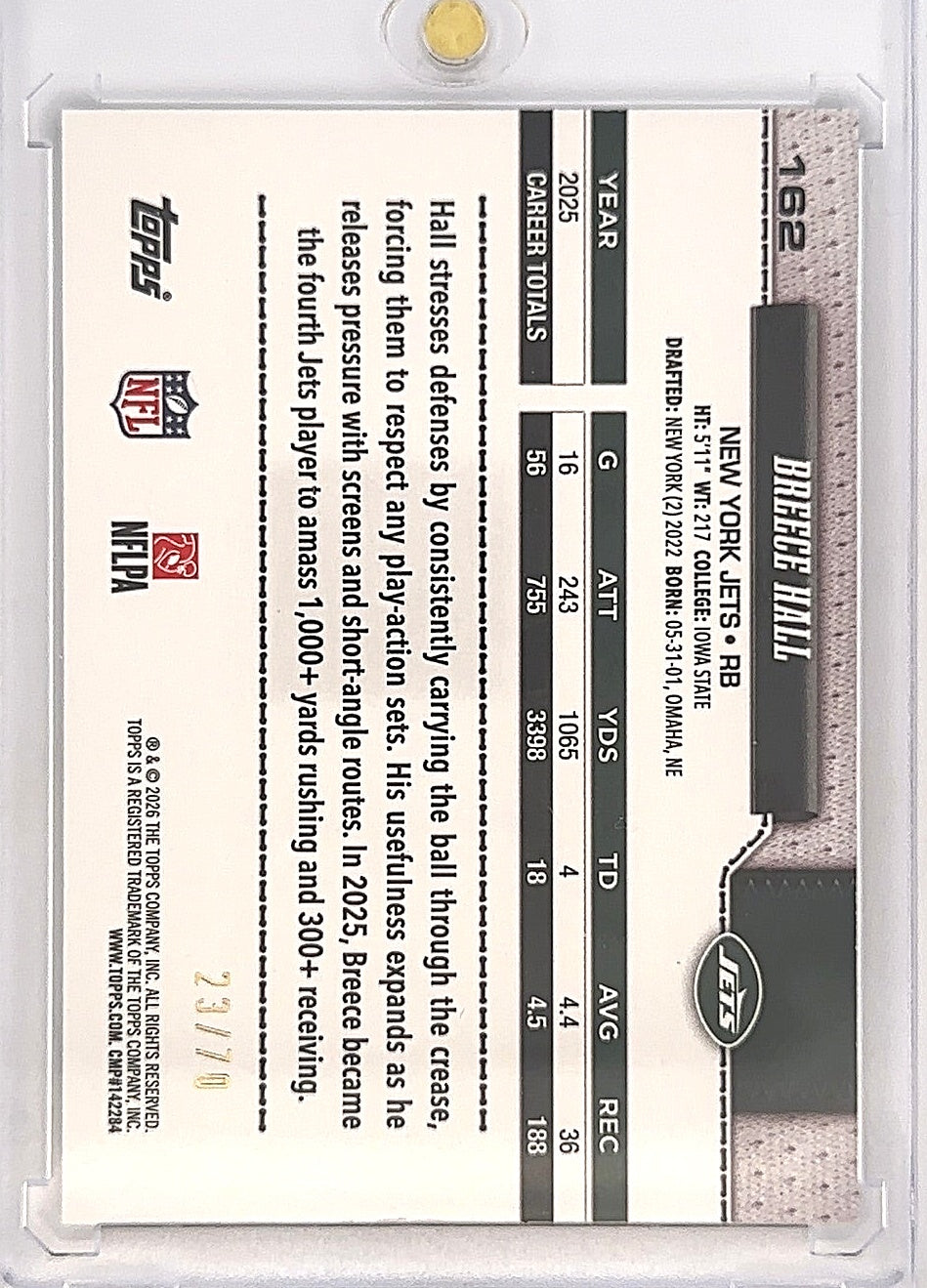 2026 Topps Flagship Breece Hall /70 [Black] #162 — back