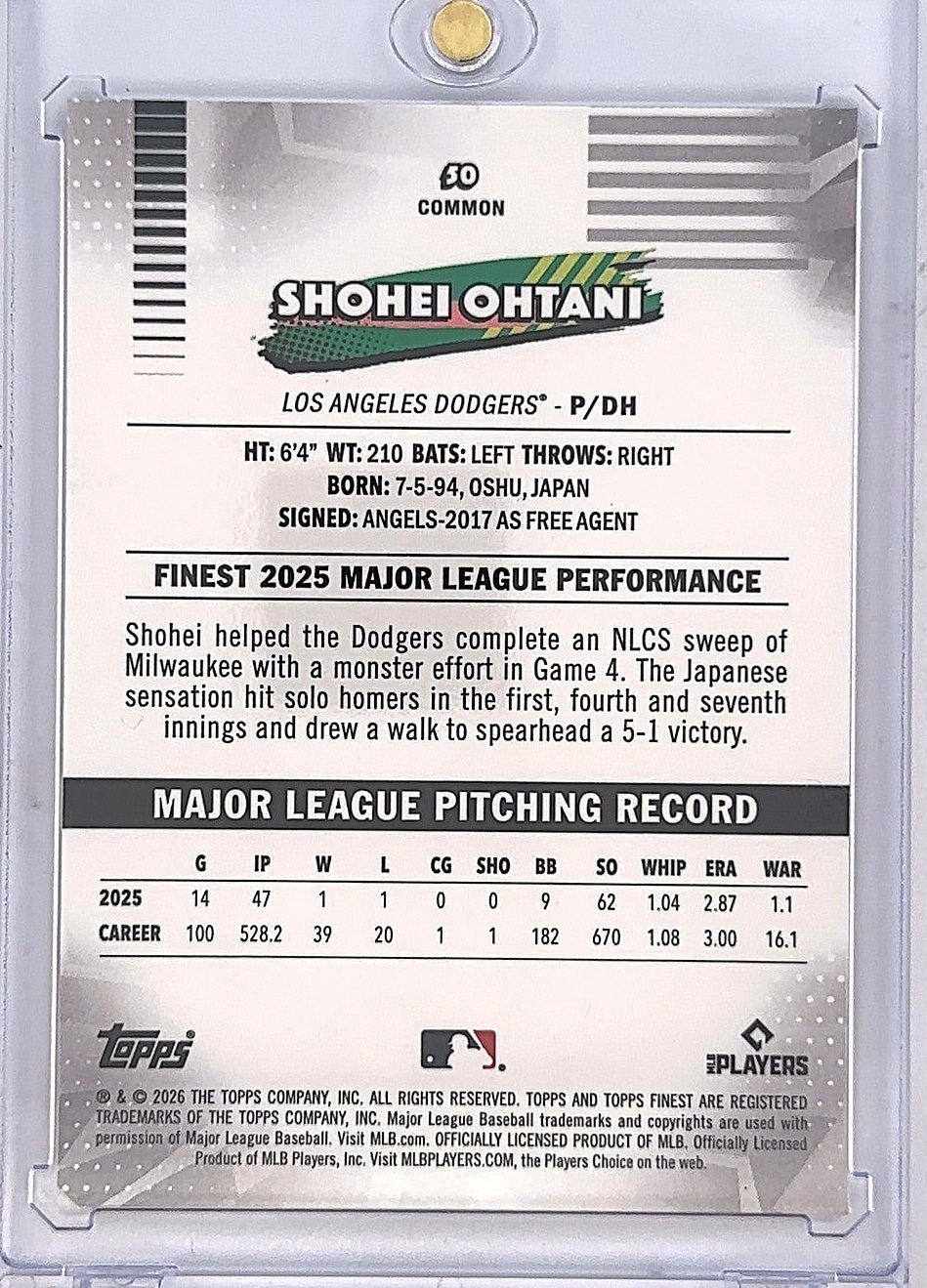 2026 Topps Finest Shohei Ohtani [Mini Diamond Refractor] #50 — back