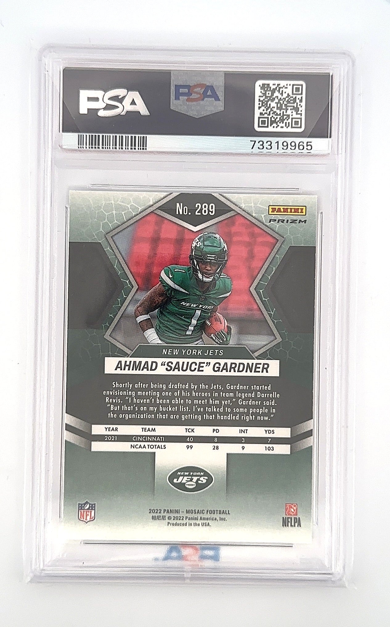 2022 Panini Mosaic Ahmad 'Sauce' Gardner [Reactive Orange] #289 PSA 10 — back
