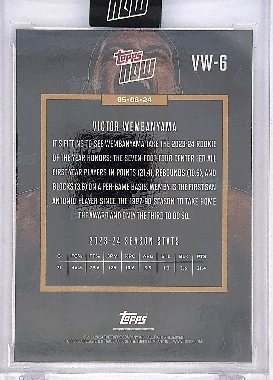 2023 Topps Now Victor Wembanyama #VW-6 — back