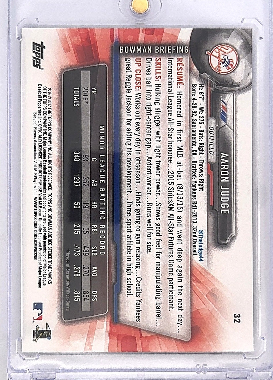 2017 Bowman Aaron Judge Rookie RC #32 — back