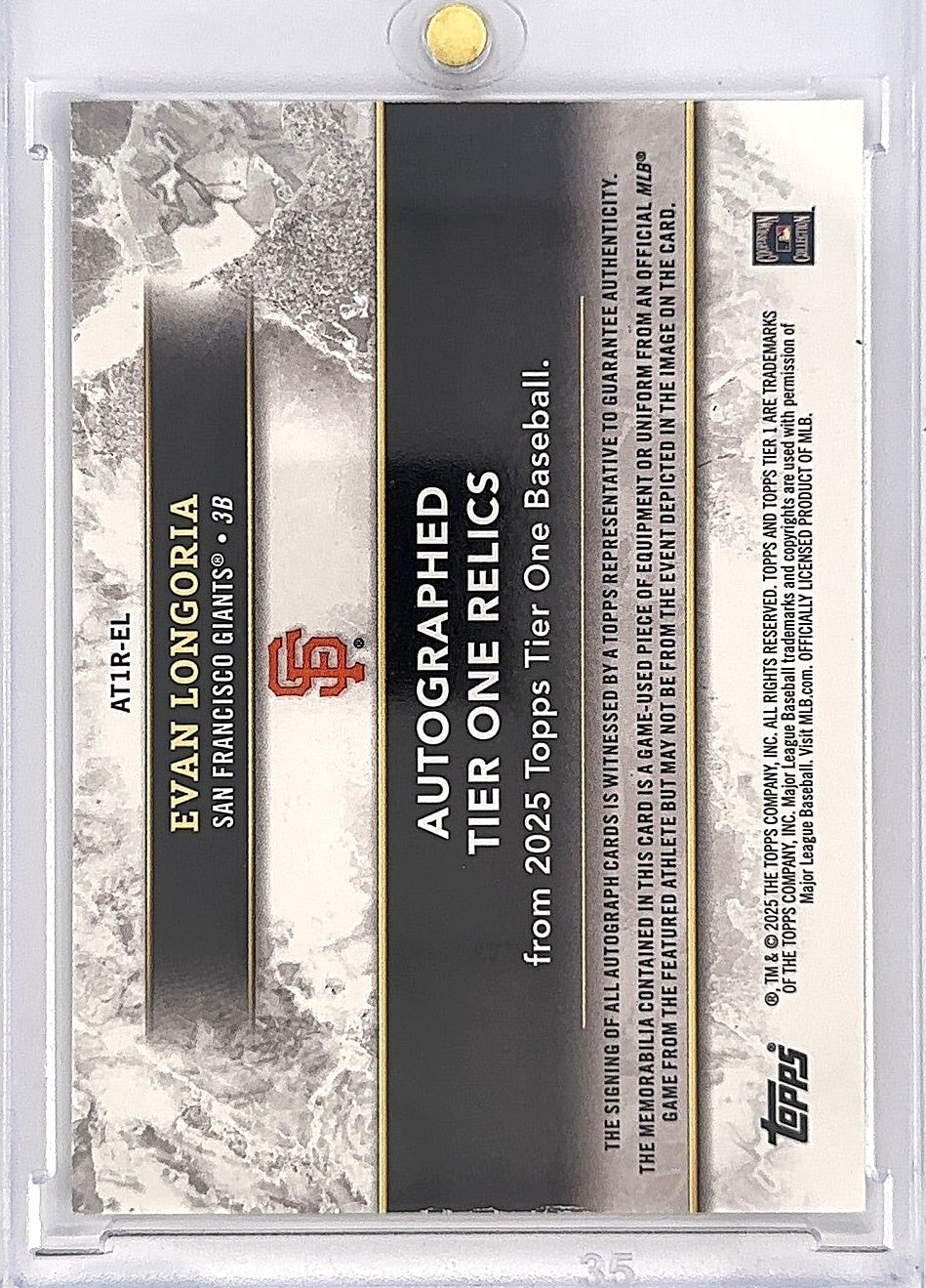 2025 Topps Tier One Autographed Tier One Relic Evan Longoria #AT1R-EL — back