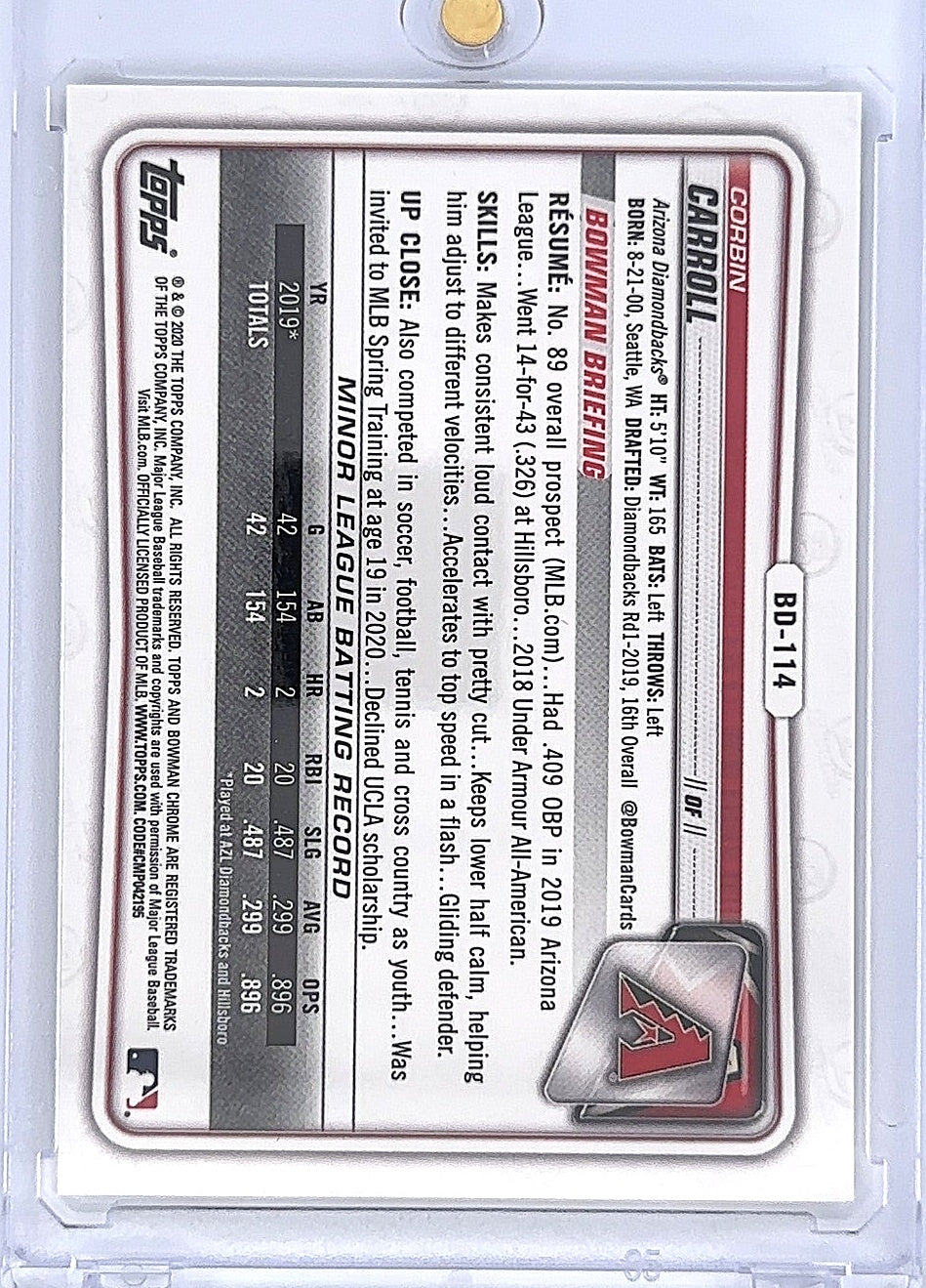 2020 Bowman Draft Chrome Corbin Carroll [Gold Refractor] #BD-114 06/50 — back