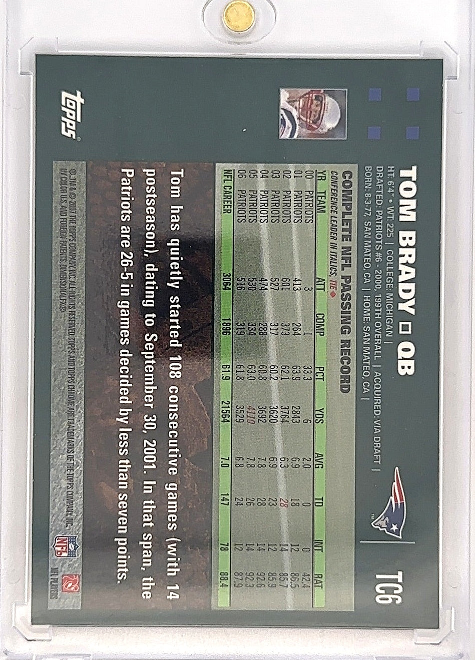 2007 Topps Chrome Tom Brady #TC6 — back