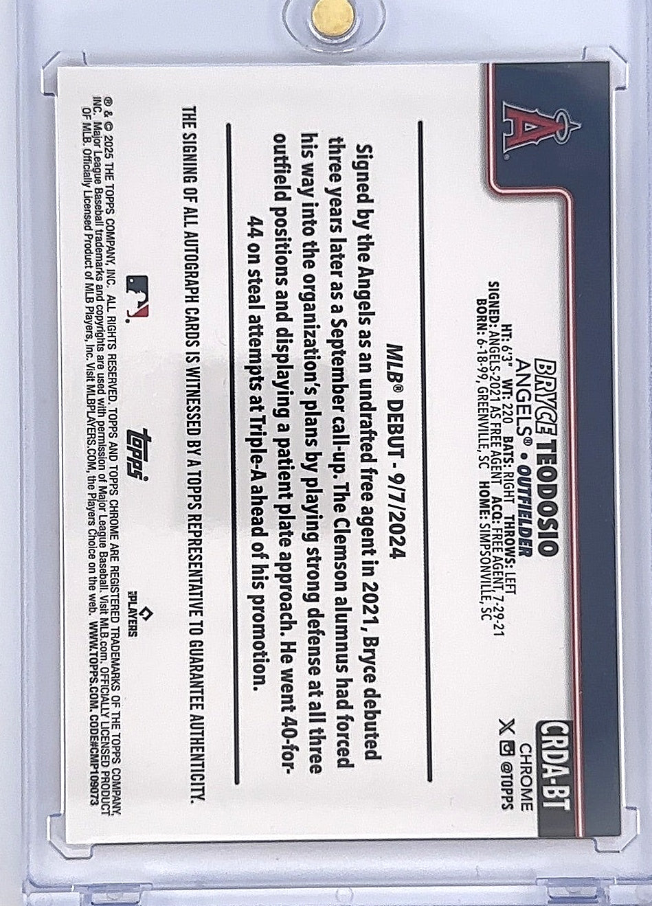 Bryce Teodosio Topps Chrome Rookie Debut 08/25 Autograph — back