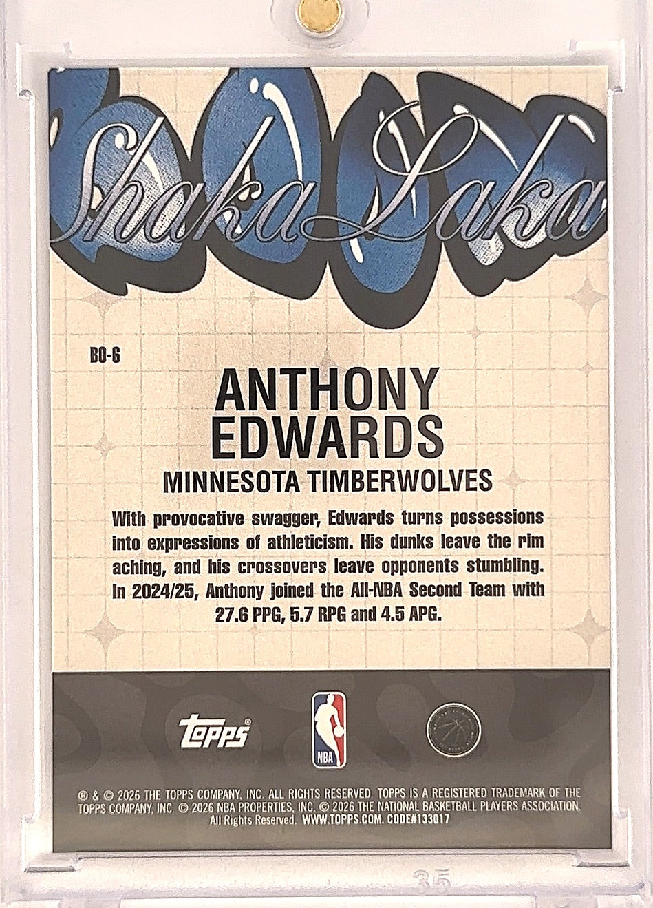 2025 Topps NBA Hoops Boom Shaka Laka Anthony Edwards #BO-6 — back